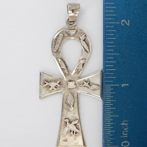 Vintage 925 Sterlingsilber Ägyptisches Ankh Kreuz Lebensschlüssel Amulett Anhänger 2,4" - Bild 1 von 15
