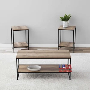 3-Pc Rustic Coffee End Table Set W/Storage Sturdy Metal Frame Indoor Living Room - Picture 1 of 11