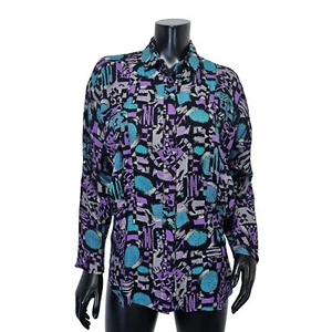Vintage 80s 90s Womens Abstract Colorful Dolman Long Sleeve Peplum Blouse - Picture 1 of 6