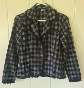 JKLA Womems Jrs M Textured Plaid Knit Fringe Blazer Jacket - Picture 1 of 5
