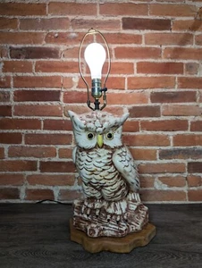 Vtg Large Owl Glaze Ceramic Lamp 1970s Brown Cream Wood Base - Picture 1 of 7