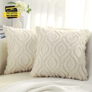 Throw Pillow Covers 18X18 Inch Set of 2, Soft Plush Faux Wool Beige Couch Pillow - Picture 1 of 8