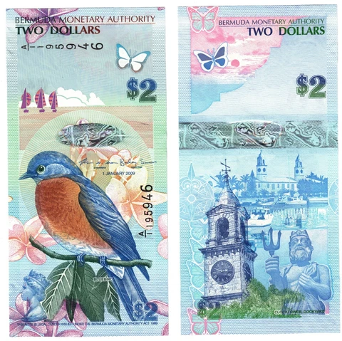 2009 Bermuda 2 Dollars P57b Bluebird Banknote UNC A1 Cossar - R Simmons Cover