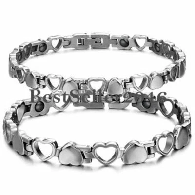 Men Women Stainless Steel Magnetic Therapy Bracelet Heart Hollow Hematite Bangle - Image 1 of 4