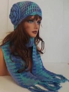 NEW CROCHET BLUE MULTI  FLOWER HAT AND SCARF SET HAND MADE BEANIE SKULL CAP  - Picture 1 of 8