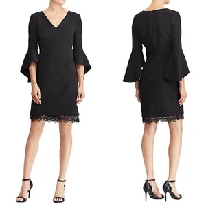 RALPH LAUREN Women’s Dress Black Knee Length Sheath Bell Sleeve V-neck Lace 4P - Picture 1 of 9