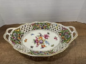 Schumann Bavaria Chateau Dresden Flowers 12" Oval Reticulated Bowl Pierced - Picture 1 of 12
