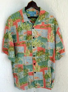 Florida Flamingo Bright Bermuda Bay XL Mens Textured Silk SS Shirt EXC - Picture 1 of 4