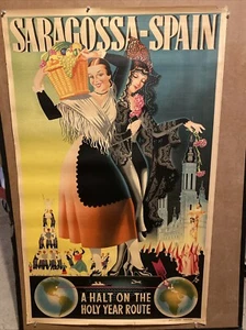 Original Super Rare Saragossa Spain Bayo 1940’s Travel Poster 24 X40” Not A Copy - Bild 1 von 10