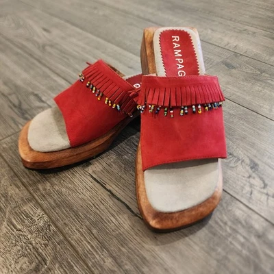 Rampage Suede Red w/Beads Sandal Wooden Heel Style Mohawk  Size 6 - Image 1 of 4