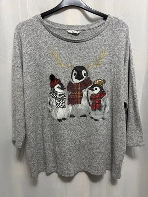 @420 Tu Plus Sz 18 Grey Marl Soft Knit Festive Penguins Xmas Jumper - Image 1 of 4