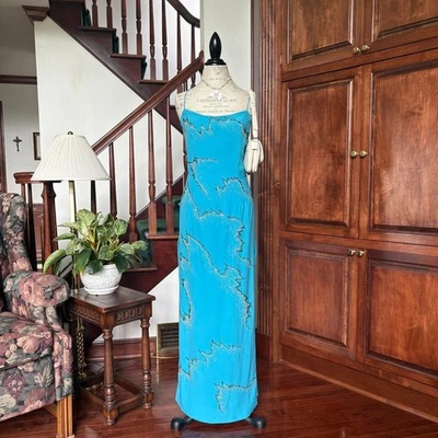 Vtg Beaded Y2k 90s Blue Gown Dress Prom Open Back Criss Cross Long Silver Bead - Image 1 of 4