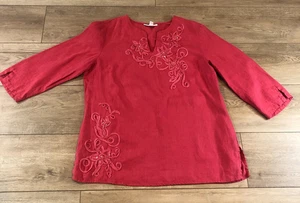 JM Collection Coral Pink 3/4 Sleeve 100% Linen Tunic Top Embroidered Sequin Sz16 - Picture 1 of 7