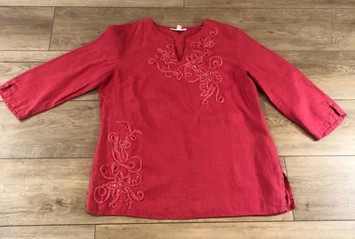 JM Collection Coral Pink 3/4 Sleeve 100% Linen Tunic Top Embroidered Sequin Sz16 - Image 1 of 4