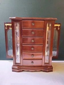Holz Schmuck Schrank Truhe 13" hoch, 2 Seitentüren, 6 Schubladen, Halskette Haken... - Bild 1 von 19