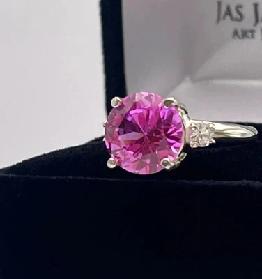 Anel de noivado de ouro branco sólido 14K com diamante de safira rosa corte redondo 3,75 quilates - Imagem 1 de 4