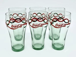 Vtg Enjoy Coca-Cola Green & Red Ribbon Logo Christmas 6" Bell Glass Set of 6 - Picture 1 of 6
