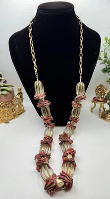 ANTHROPOLOGIE LONG NECKLACE XL BEAD FRAY MATERIAL BRONZE METAL SINGLE STRAND - Image 1 of 4