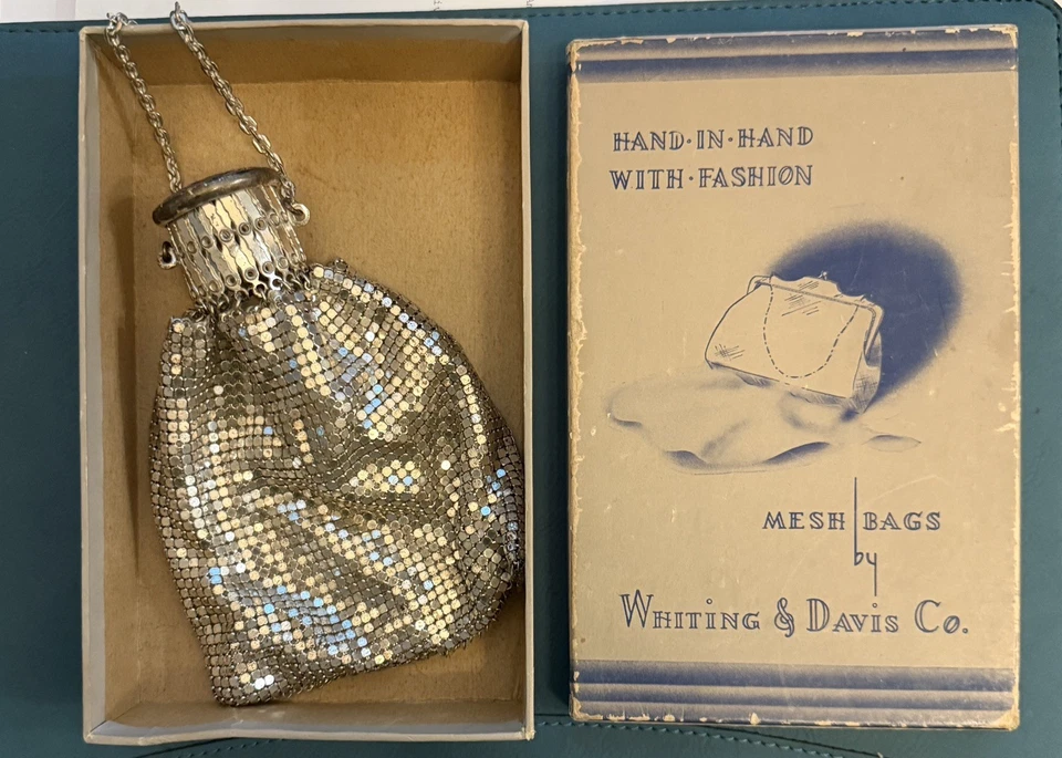 Whiting & Davis Silver tone Mesh Bag, includes chain and original box, 1950s - Image 1 of 1