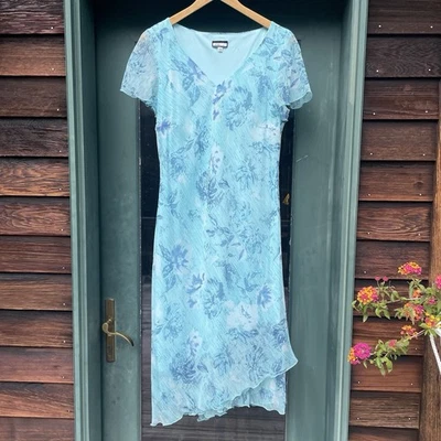 Vintage Y2K Blue Floral Flutter Sleeve V-Neckline Ruffle Formal Midi Dress Sz 14 - Image 1 of 4