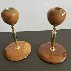Mid Century Pair of Wooden Candle Stick Holders Myrtle Wood - Picture 1 of 18