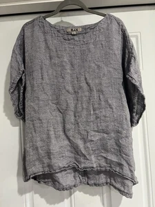 Flax 100% Linen Split Back Size Large Blouse Gray And White - Picture 1 of 11