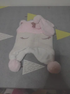 New Laura Ashley Unicorn White & Pink Baby Girl Pom Pom Winter Hat and Mittens - Picture 1 of 5