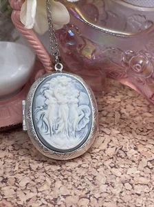 3 Muses Victorian Cameo Blue Locket Necklace Pendant Christmas Gift Mom dance - Picture 1 of 13