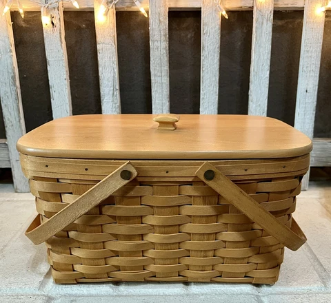 Handwoven Longaberger Picnic Basket Double Swing Handle Plastic Liner - 14 x 10” Cover