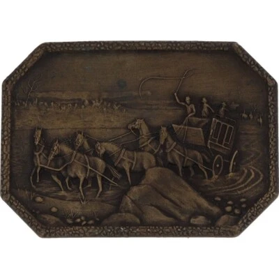 Bronze Sculpture Cowboy Stagecoach Horse Western OC Seltzer 70s Vtg Belt Buckle - Image 1 of 4
