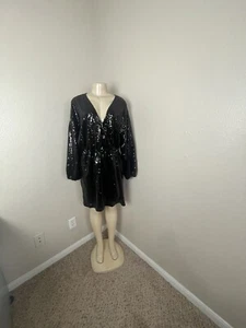 Anthropologie Size Large Sequin Long Sleeve v Neck Faux Wrap Dress Belt - Picture 1 of 12