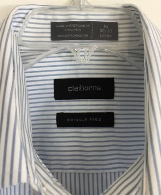 Camisa de Vestir Claiborne Para Hombre Grande Sin Arrugas Blanca Azul Rayas 16 32/33 ¡Nueva! Foto 1 de 4