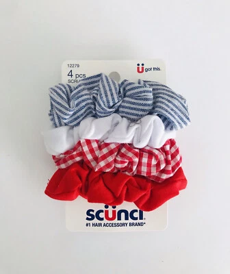 Scunci Hair Accessories 4 pc Scrunchies Medium Red/White/Blue Gingham 12279 - Image 1 of 2