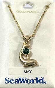 NWT SeaWorld Gold Plated Dolphin Whale Necklace 18” Emerald May Birthstone