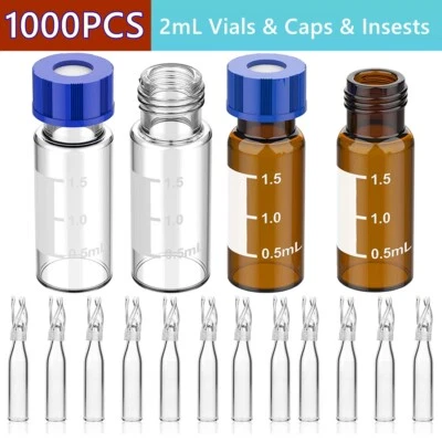 1000PCS 2ml Clear/Amber Vials+Screw Caps PTFE w/Writing Area+250uL Vials Inserts - Image 1 of 4