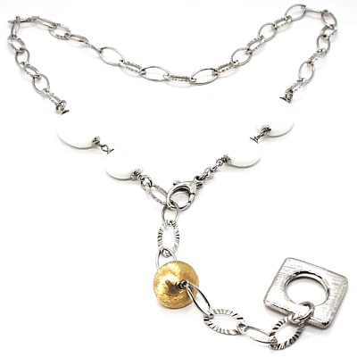 COLLANA ARGENTO 925 CON AGATA BIANCA QUADRATO PENDENTE E CATENA OVALI LAVORATI - Immagine 1 di 4