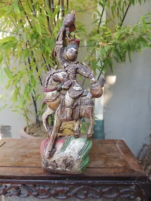 A190. Antique Carved Gold Gilt Wood Panel with Knight and Horse - Image 1 of 2