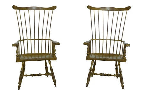 49584EC: Pair RIVERBEND Paint Decorated High Back Windsor Armchairs Cover