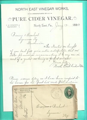 North East PA Erie Co 1892 Cider Works Vinegar Letter Syracuse NY Onondaga Co - Image 1 of 2