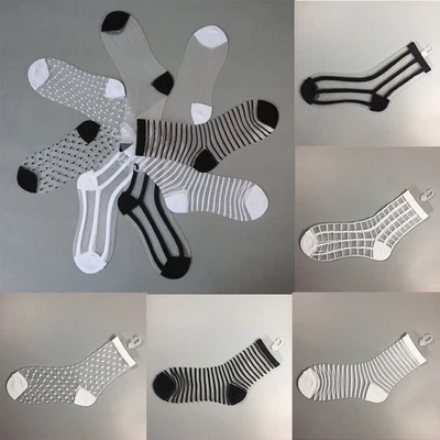 Moda Mujeres Transparente Transparente Malla Elástica Tobillo Rayas Punto Multi Calcetines Foto 1 de 4