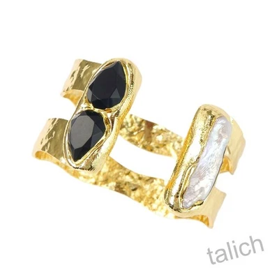18K Gold Plated Brass White Pearl Black CZ Double Layer Hammered Cuff Bracelet - Image 1 of 4