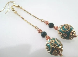 Vintage Look Dangly Long Ceramic Indonesian Bead Earrings + Free Secret Pair - Picture 1 of 6