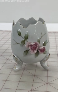 Vintage Porcelain Floral Footed Egg Vase w/ Gold Trim - Picture 1 of 6