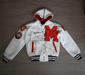 Vintage 80s Wool Varsity Jacket Womens S/M Split Hood Patches Back Hit Swimming - Bild 1 von 10