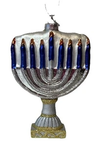 Happy Chanukka Lights Menora Ornament mundgeblasenes Glas Glitzer 4,5" Silber Blau Gold - Bild 1 von 5