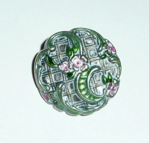 Hand Painted Flowers & Leaves Antique Reproduction Metal Shank Button 7/8" - Picture 1 of 10