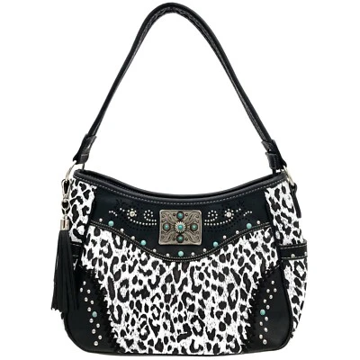 Bolso de mano hobo occidental con estampado de leopardo blanco negro borla de Zelris Foto 1 de 3