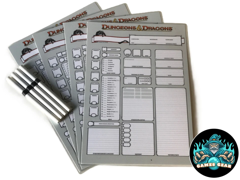 Dungeons & Dragons 5e - Set of Four Wipe Clean Character Sheets with pens. - Image 1 of 1