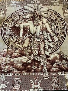 Mexican Aztec Sacrifice Scene Blanket 91x81 7.5x7 Queen Full Maroon Bedspread