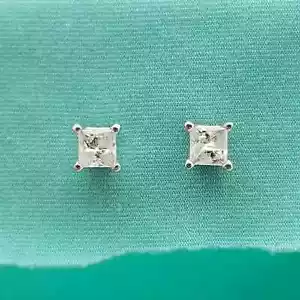 Vintage 14K White Gold Princess Cut Diamond Stud Earrings-Earth Mined- .40CTW - Picture 1 of 7